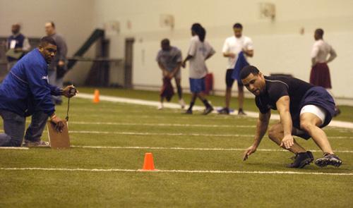 NFL Draft hopeful E.B. Halsey participates in an agility drill at the NFL Pro Timing Day at the Irwin Indoor Football practice facility Wednesday morning. ME Online
