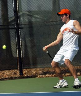 Marc Spicijaric returns a serve against Wisconsin at the Atkins Tennis Center on Sunday, March 11. Beck Diefenbach
