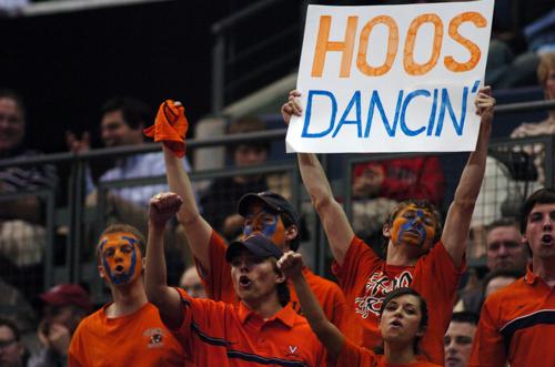 Virginia fans hold up signs and cheer on their team during a timeout in the second half of the game against Albany at Nationwide Arena in Columbus, Ohio, Friday, March 16, 2007. Adam Babcock
