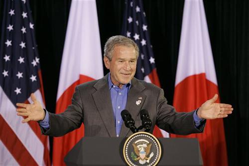 President Bush gestures during a joint press availability with Japanese Prime Minister Shinzo Abe, not shown, Friday, April 27, 2007, at Camp David, Md. The Associated Press
