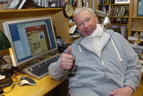 Chicago Sun-Times film critic Roger Ebert is photographed at home in his office Monday in Chicago. Ebert plans to attend his annual festival for overlooked movies at the University this week, re-entering the public eye for the first time since having canc Dom Najolia, AP
