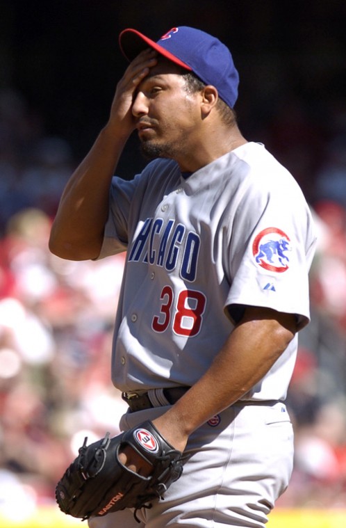 Chicago Cubs pitcher Carlos Zambrano wipes his face during a baseball game against the Cincinnati Reds, Monday, April 2, 2007, in Cincinnati. Cincinnati won 5-1. The Associated Press
