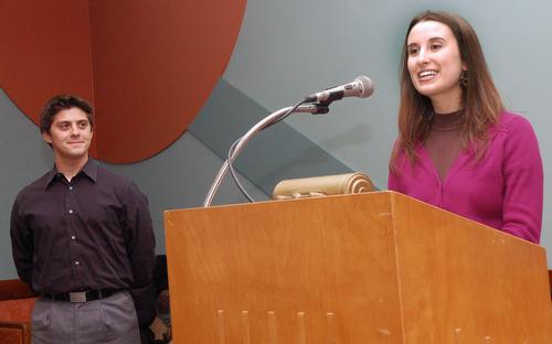 Graduate student Tia Schoth, right, presents the Student Employee of the Year Award to senior in AHS Benjamin Cober, left, for his work at the Illinois Leadership Center during an awards ceremony at the Oglesby Lounge of FAR Wednesday afternoon. Beck Diefenbach
