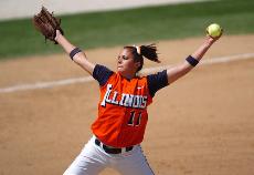 Illinois pitcher Vicky Brown winds up in the first inning of the game against DePaul University at Eichelberger Field on Saturday. Brown allowed six hits and three runs in the 3-2 loss to No. 11 DePaul. Beck Diefenbach
