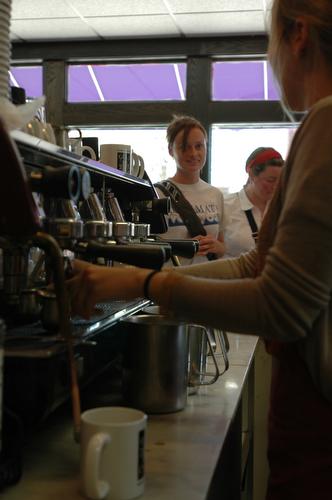 Mary Therese McDonnell, a junior in Applied Health Science, orders a coffee at the Espresso Royale located at the corner of Sixth and Daniel streets on Monday. Beck Diefenbach
