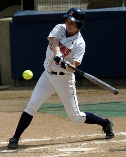 Illinois infielder Shanna Diller swings at a pitch during the doubleheader against Michigan on Sunday, at Eichelberger Field. Beck Diefenbach
