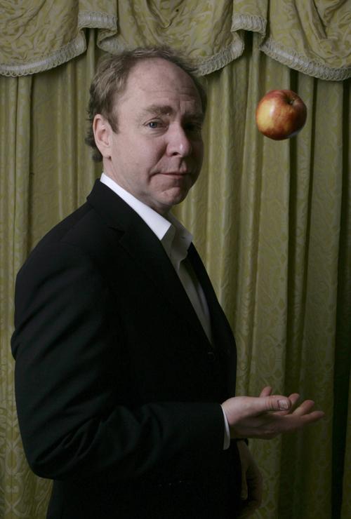 Teller, the quiet half of the Penn and Teller magician team, tosses an apple as he poses Friday, April 13, at the Four Seasons hotel in Los Angeles. Teller is back on Showtime with partner for another season of their show that takes a skeptical look at an Laura Prusik
