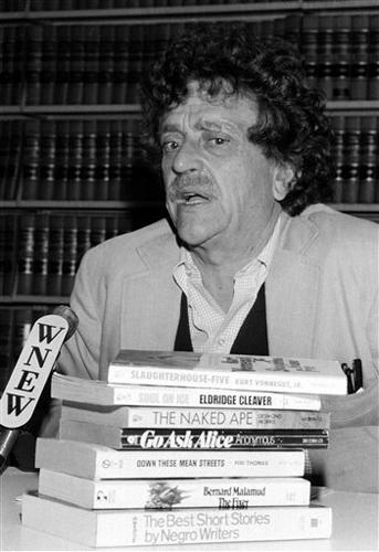 Author Kurt Vonnegut Jr., speaks to reporters on a federal court ruling calling for a trial to determine if a Long Island school board can ban a number of books, including his "Slaughterhouse Five," at New York Civil Liberty offices on Friday, Oct. 3, 198 The Associated Press
