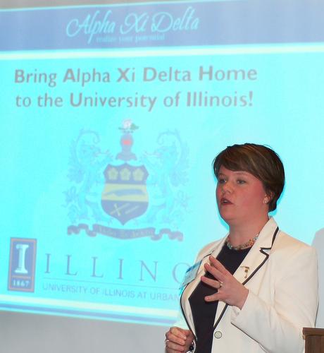 Alpha Xi Delta National Extensions Director Tracy Osborne, of Wheaton, Ill., addresses members of the Panhellenic Council regarding the possibility of Alpha Xi Delta opening a chapter at the University of Illinois Thursday evening at the Levis Faculty Cen Beck Diefenbach
