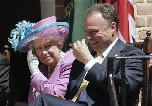 Virginia Gov. Timothy M. Kaine, right, laughs as Queen Elizabeth II listens during a welcoming ceremony at the College of William and Mary in Williamsburg, Va., Friday, May 4, 2007. The Associated Press
