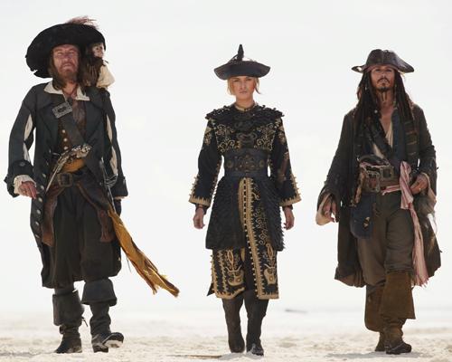 This photo released by Disney Enterprises shows actors from left, Geoffrey Rush, Kiera Knightley and Johnny Depp in a scene from "Pirates of The Carribean: At Worlds End," expected to be another blockbuster movie for summer 2007. The Associated Press
