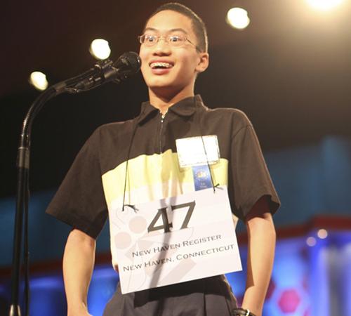 Joseph Henares, 14, of Avon, Conn., reacts after spelling his word correctly in the preliminary round of the Scripps 2007 Spelling Bee in Washington, Wednesday, May 30, 2007. The Associated Press
