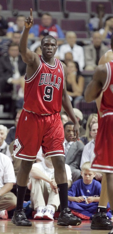 Chicago Bulls forward Luol Deng celebrates after dunking against the Detroit Pistons in the second half of Game 5 of an NBA second-round playoff series Tuesday in Auburn Hills, Mich. The Bulls beat the Pistons 108-92 to force Game 6 in Chicago. The Piston The Associated Press
