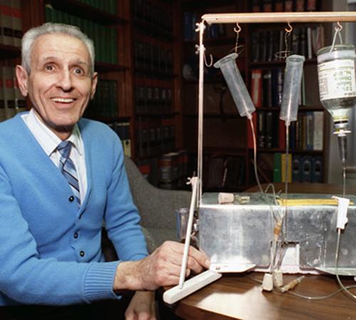 Assisted suicide advocate Dr. Jack Kevorkian poses with his suicide machine in Michigan, in this Feb. 6, 1991, file photo. Kevorkian is expected to leave prison Friday, June 1, 2007 after serving more than eight years of a 10- to 25-year sente The Associated Press
