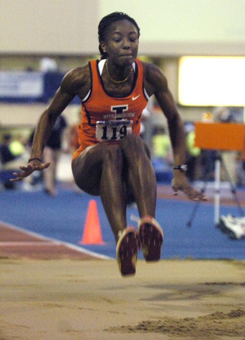 Yvonne Mensah long jumps at the Big Ten Indoor Championships in the Armory on February 24. Mensah was the 2007 Dike Eddleman Female Athlete of the Year. Steve Contorno
