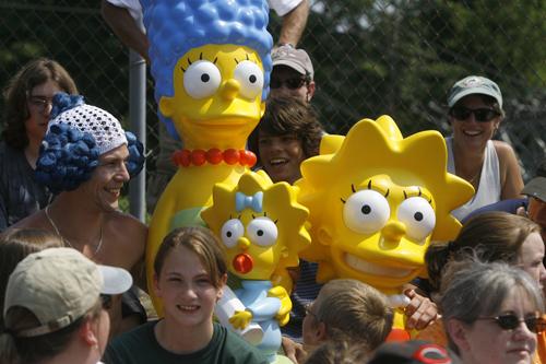 Springfield, Vt., residents shoot a scene with Marge and Lisa Simpson props Tuesday, to prepare their bid to host the Simpsons movie premiere and to answer, once and for all, where the family may reside. Toby Talbot, The Associated Press
