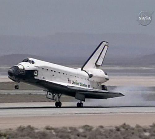 In this image from NASA TV, Space Shuttle Atlantis lands at Edwards Air Force Base, Calif., Friday, June 22, 2007. The Associated Press

