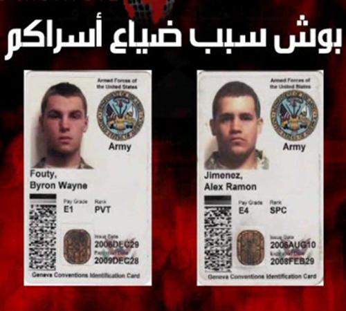 This is an image made from video obtained by the Washington-based SITE Institute showing the identification cards of Pvt. Byron W. Fouty, 19, of Waterford Township, Mich. and Spc. Alex R. Jimenez, 25, of Lawrence, Mass. According to the militant video rel The Associated Press
