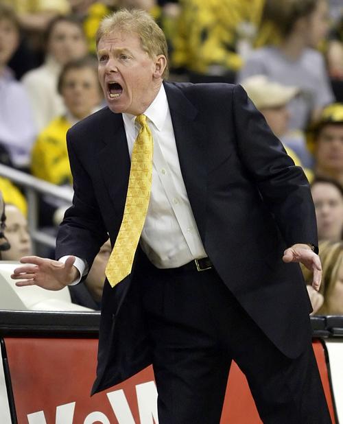 Wake Forest coach Skip Prosser argues a call during a basketball game against Georgia Tech in Winston-Salem, N.C., on Wednesday, March 2, 2005. Prosser died Thursday, the university said. He was 56. Chuck Burton, The Associated Press
