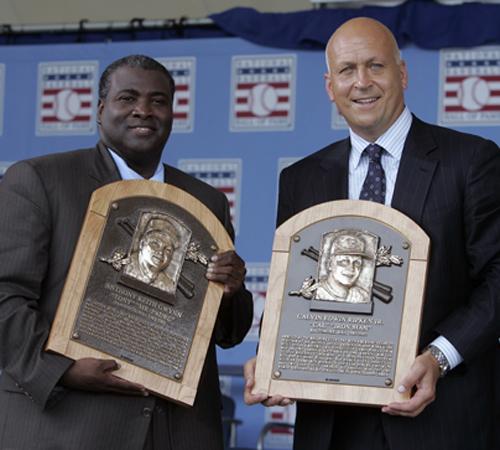Tony Gwynn, left, and Cal Ripken, Jr., hold their Hall of Fame plaques after their induction into the National Baseball Hall of Fame in Cooperstown, N.Y., Sunday, July 29, 2007. Gwynn played his Major League Baseball career with the San Diego Padres and R Mike Groll, The Associated Press
