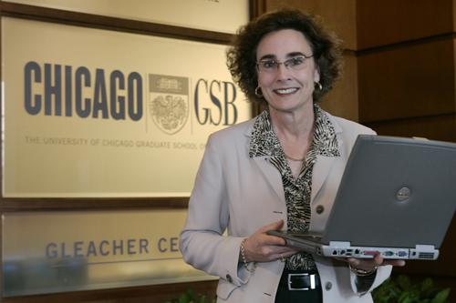 Rose Martinelli, associate dean for student recruitment and admissions at the University of Chicago Graduate School of Business stands in the Gleacher Center lobby in Chicago on Friday. Charles Rex Arbogast, The Associated Press
