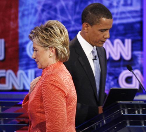 Democratic presidential hopefuls Sen. Hillary Rodham Clinton, D-N.Y., left, and Sen. Barack Obama, D-Ill., are pictured during a break at the Democratic presidential debate sponsored by CNN, YouTube and Google at The Citadel military college in Charleston Charles Dharapak, The Associated Press
