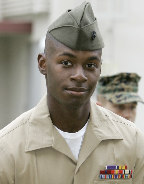 Marine Cpl. Trent D. Thomas is seen in this Nov 14, 2006 file photo, at Camp Pendleton, Calif. A military jury on Wednesday, July 18, 2007, convicted Thomas of conspiring to murder an Iraqi man in a bungled attempt to abduct and kill a suspected insurgent The Associated Press
