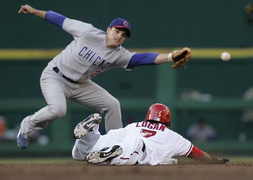 Nook Logan (7) steals second base as Cubs shortstop Ryan Theriot misses the ball during the second inning at RFK Stadium in Washington on Monday. With the 7-2 victory, the Cubs went above .500. Susan Walsh, The Associated Press
