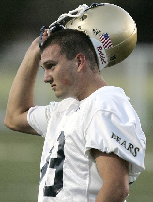 Northern Colorado punter Rafael Mendoza removes his helmet after making a punt Wednesday, Aug. 8, 2007, during the first practice of the season at Butch-Butler Fields on the UNC campus in Greeley, Colo. Mendoza was attacked from behind last Sept. 11 outsi Bret Hartman, The Associated Press
