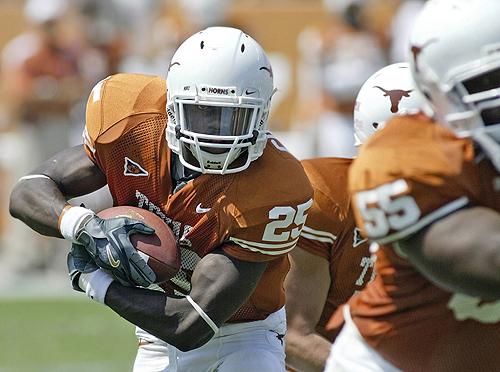 Texas running back Jamaal Charles (25) runs with the ball against North Texas on Sept. 2 in Austin, Texas. Charles, who led a running attack that failed to produce a 1,000-yard rusher for the first times since 1994, looks to help return the Longhorns to t THE ASSOCIATED PRESS, HARRY CABLUCK
