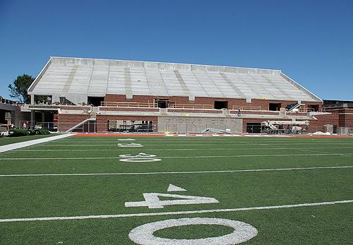 Construction takes place at the north end of Memorial Stadium on July 11. Erica Magda
