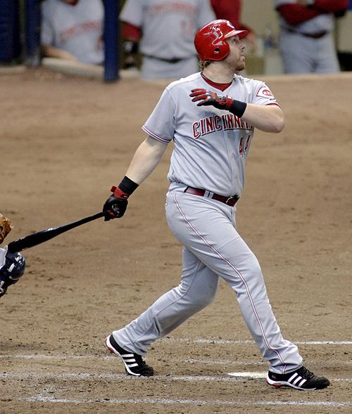 Cincinnati hitter Adam Dunn watches his two-run home run against the Brewers in the fourth inning on Sunday. THE ASSOCIATED PRESS, DARREN HAUCK
