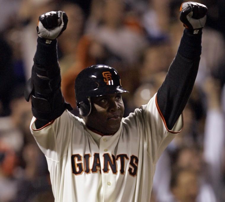 San Francisco Giants Barry Bonds reacts after hitting his 756th career home run in the fifth inning of their baseball game against the Washington Nationals in San Francisco, Tuesday. Eric Risberg, The Associated Press
