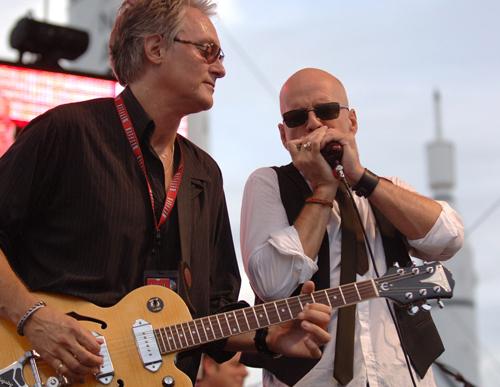 Bruce Willis, right, and guitarist Doug Hamblin, of Bruce Willis and The Accelerators, perform during a concert at the Kennedy Space Center Visitor Complex in Cape Canaveral, Fla., Thursday, Aug. 2, 2007. Phelan M. Ebenhack, The Associated Press

