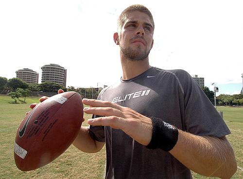 Hawaii quarterback, Colt Brennan, looks to throw the football during practice, Monday, Aug. 20, in Honolulu. THE ASSOCIATED PRESS, RONEN ZILBERMAN
