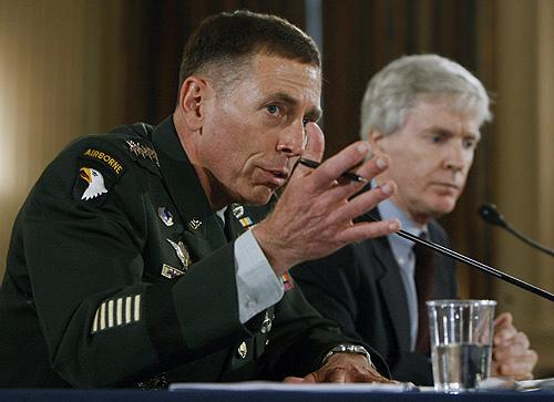 Gen. David Petraeus, left, and Ambassador Ryan Crocker testify on the future of the war in Iraq before a joint hearing of the House Armed Services Committee and House Foreign Relations Committee on Monday in Washington. THE ASSOCIATED PRESS, GERALD HERBERT
