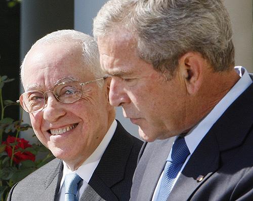 President Bush, right, announces his choice for attorney general, retired federal judge Michael Mukasey, left, to replace Alberto Gonzales, Monday, Sept. 17, 2007, in the Rose Garden of the White House in Washington. THE ASSOCIATED PRESS, CHARLES DHARAPAK
