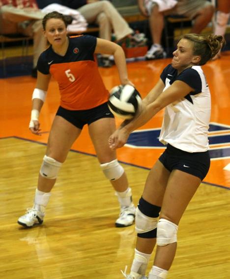 Amy Palash hits the ball during the game against Marquette at Huff Hall in Champaign. Palash had 10 kills and six digs, helping Illinois win 3-0. Adam Babcock The Daily Illini
