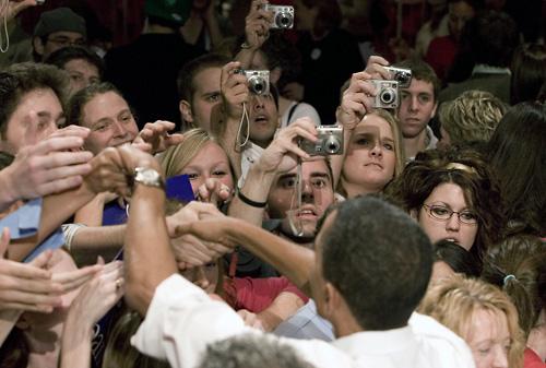 Democratic presidential hopeful Sen. Barack Obama greets supporters on Monday in Madison, Wis. THE ASSOCIATED PRESS, ANDY MANIS
