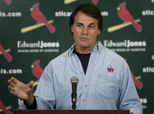 St. Louis Cardinals manager Tony La Russa announces his return as Cardinals manager during a news conference on Monday in St. Louis. La Russa will return for his 13th season with a two-year contract. THE ASSOCIATED PRESS, JEFF ROBERSON
