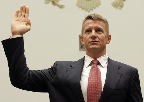 Blackwater USA founder Erik Prince is sworn in on Capitol Hill on Tuesday prior to testifying before the House Oversight Committee. THE ASSOCIATED PRESS, SUSAN WALSH
