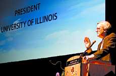 University President B. Joseph White speaks at the University of Illinois Foundation meeting which took place at the Krannert Center on Friday. White announced 17 new gifts totalling $33.5 million. Laura Prusik
