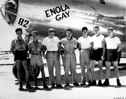 In this undated handout picture from the U.S. Army Air Force, the ground crew of the Enola Gay B-29 bomber which bombed Hiroshima, Japan on Aug. 6, 1945 with the Little Boy atomic bomb, stands with pilot Col. Paul W. Tibbets, center, in the Marianas Is Erica Magda
