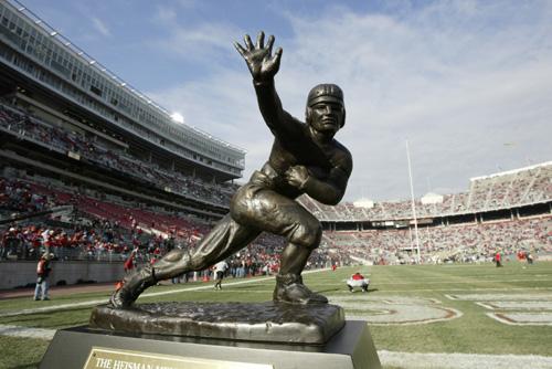 The Heisman Trophy is displayed at Ohio Stadium on Nov. 18, 2006 in Columbus, Ohio. Heisman finalists were named Wednesday: Hawaii quarterback Colt Brennan, Missouri quarterback Chase Daniel, Arkansas running back Darren McFadden and Florida quarterback T Amy Sancetta, The Associated Press
