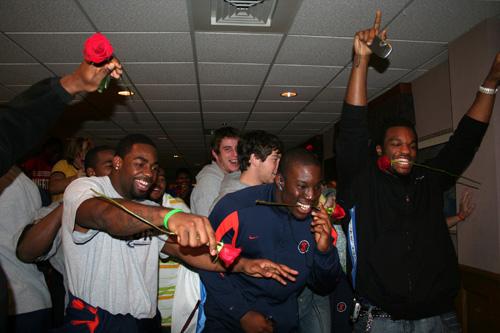 Illini players celebrate the announcement that the team will appear in the 2008 Rose Bowl. Photo courtesy of University of Illinois Sports Information
