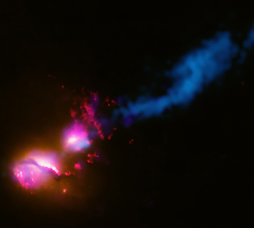 This composite photo provided by NASA shows A powerful jet from a supermassive black hole is blasting a nearby galaxy in the system known as 3C321, according to new results from NASA. This galactic violence, never seen before, could have a profound effect NASA, The Associated Press
