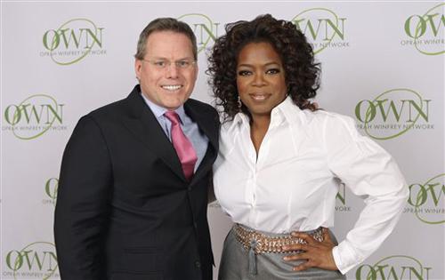 A photo released by Harpo Productions Inc., shows talk-show host Oprah Winfrey and David Zaslav, president and chief executive of Discovery Communications after announcing Tuesday, Jan. 15, 2008, in Chicago the formation of a new joint venture OWN: The O ME Online
