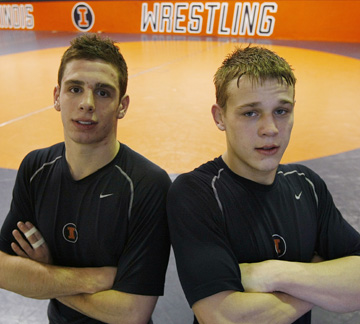 Freshmen Ryan Prater, right, and Grant Paswall, are the new additions to the University of Illinois wrestling team. Erica Magda
