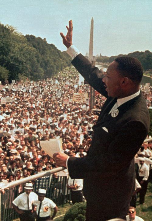 Rev. Martin Luther King Jr. acknowledges the crowd at the Lincoln Memorial for his I Have a Dream speech during the March on Washington, D.C., Aug. 28, 1963. The Associated Press
