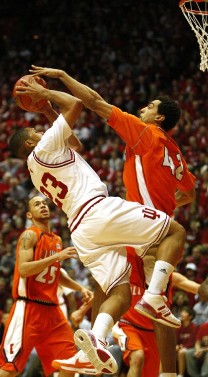 Indiana guard Eric Gordon drives on Illinois forward Brian Randle during their game at Assembly Hall in Bloomington, Ind., in this Jan. 13 file photo. Erica Magda
